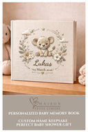 Personalized safari lion baby album with custom name and date. A warm jungle nursery memory book and newborn keepsake.