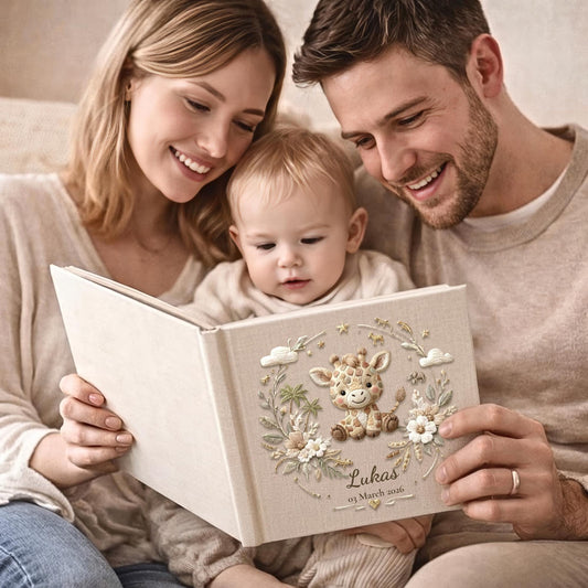 Personalized giraffe baby album with custom name and birth date. A safari nursery keepsake memory book for newborn milestones.