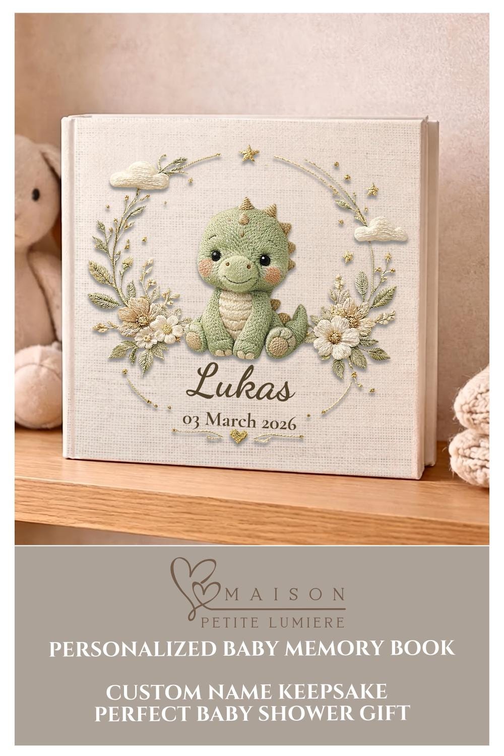 Personalized dinosaur baby memory book with name and birth date. A playful dino nursery photo album for baby memories and milestones.