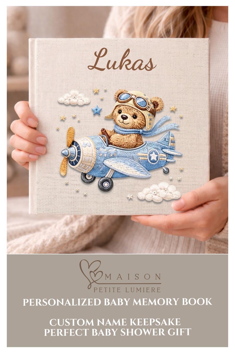 Personalized teddy bear airplane baby memory book with name and birth date. A soft aviation nursery album for first memories and milestones.