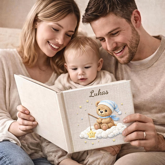 Personalized teddy cloud baby memory book with your baby’s name. A dreamy cloud-themed album to capture precious milestones and first-year memories.