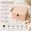 This magical large wooden keepsake box (30cm / 12 inch) is the perfect welcome for any new baby boy. A beautiful embroidered-style design printed directly onto the handcrafted wood features an adorable teddy bear resting on a cloud, surrounded by a crescent moon, twinkling stars, delicate botanical sprigs, and soft hearts — all in the most gentle, timeless palette of blue, cream, and gold.