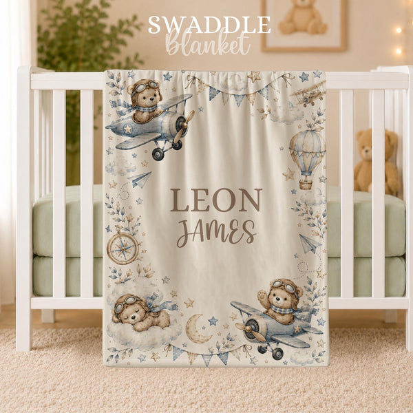 Personalized Pilot Teddy Baby Blanket, Watercolor Airplane Nursery Throw, Custom Name Crib Cover, Vintage Pilot Boy Keepsake Gift