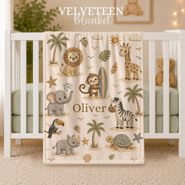 Personalized Safari Baby Blanket featuring an embroidered-look print with a lion, giraffe, elephant, monkey, zebra, rhino, turtle, and toucan.