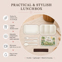 Personalized Crocodile Bento Lunch Box featuring a charming watercolor fine art print with a sweet crocodile, tropical palm trees, a toucan, frog, dragonflies, water lilies and a smiling sun. Customized with your child’s name, this practical kids lunchbox is perfect for daycare, preschool, kindergarten, school, picnics and everyday adventures.