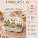 Personalized Dragon Bento Lunch Box featuring a charming embroidered-look fantasy print with a sweet green dragon, enchanted castle, mountains, moon, stars and woodland scenery. Customized with your child’s name, this practical lunchbox is perfect for daycare, preschool, school, picnics and everyday adventures.
