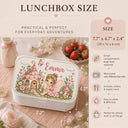 Personalized Fairy Bento Lunch Box featuring a dreamy watercolor fine art print with a sweet little fairy, magical flower cottage, butterflies, mushrooms and a whimsical enchanted garden filled with delicate flowers. Customized with your child’s name, this practical kids lunchbox is perfect for daycare, preschool, kindergarten, school, picnics and everyday adventures.