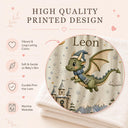 Personalized Dragon Baby Blanket with an embroidered-look print featuring a cute baby dragon in a winter hat and scarf, magical snow-covered castle, moon, stars, snowy mountains and winter forest scenery.
A beautiful personalized blanket for babies and children, perfect for baby showers, newborn gifts, winter babies, birthdays and magical winter nursery spaces.