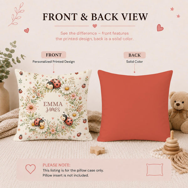 Personalized ladybug pillow cover with sweet watercolor floral design.