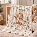 Personalized baby blanket with a fairy in a sage cloak riding a young deer through a snowy forest, with hanging stars.