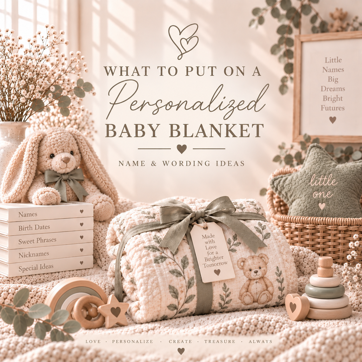 Folded teddy bear baby blanket tied with sage ribbon in a cream nursery, titled What to Put on a Personalized Baby Blanket
