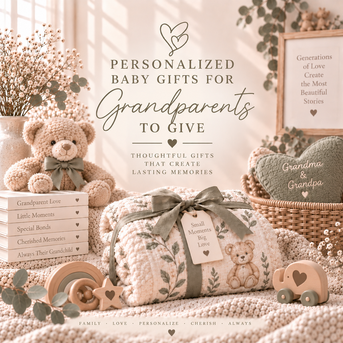 Teddy bear baby blanket beside a Grandma and Grandpa heart cushion, titled Personalized Baby Gifts for Grandparents to Give