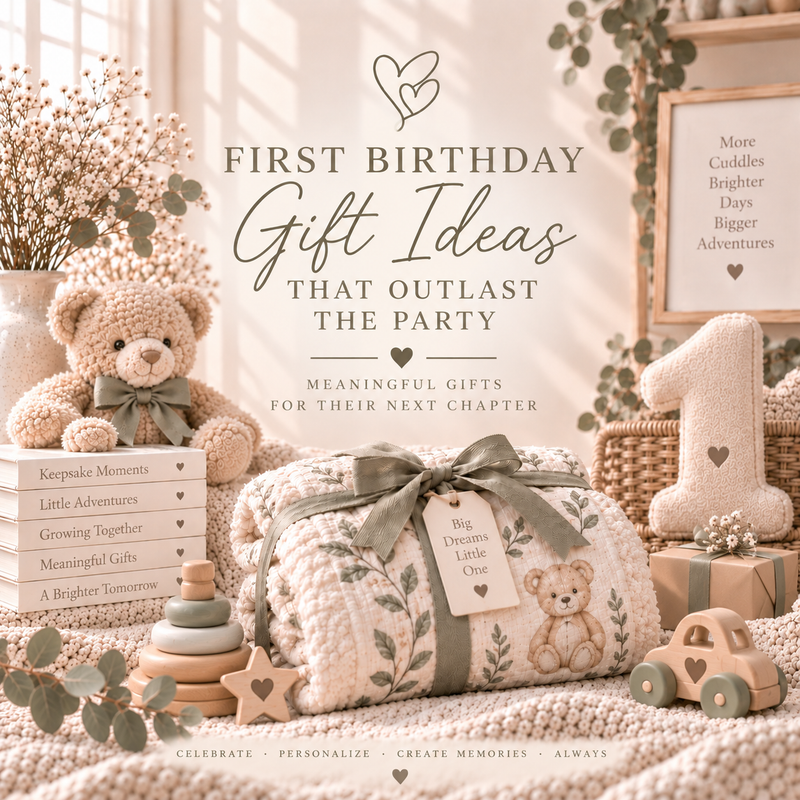 Teddy bear baby blanket with a plush number one and wooden toys, titled First Birthday Gift Ideas That Outlast the Party