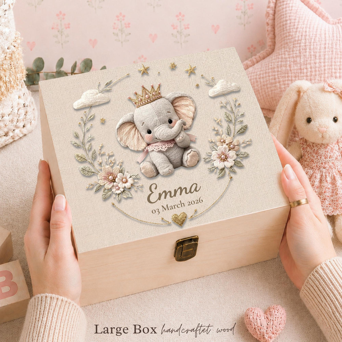 Personalized baby keepsake box with a little elephant wearing a crown and soft florals