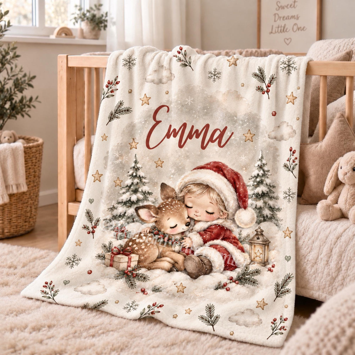 Personalized Christmas deer baby blanket with name, baby's first Christmas gift idea