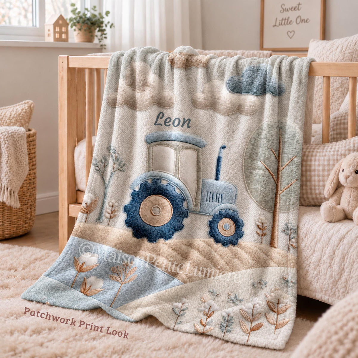 Personalized tractor baby blanket in soft neutral farmhouse colors