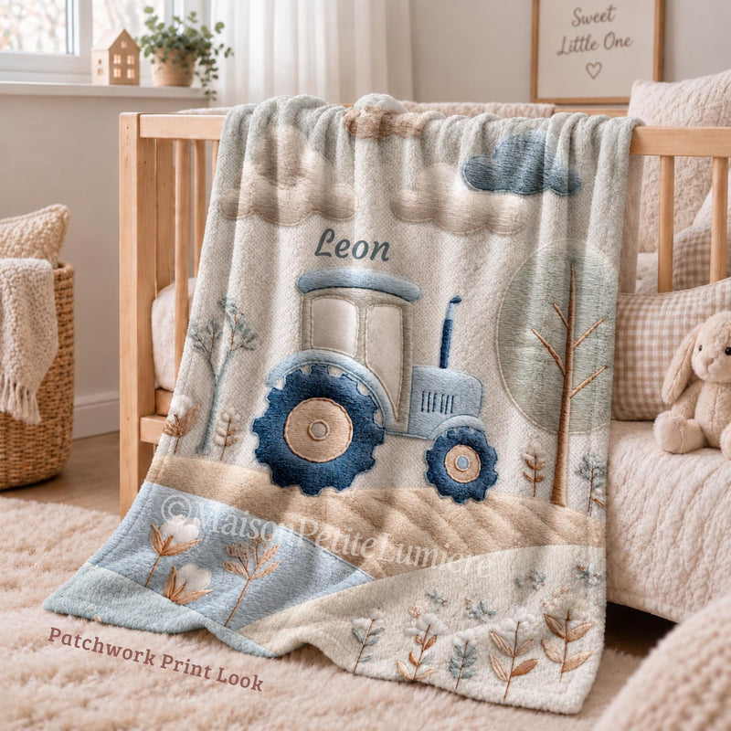 Personalized tractor baby blanket in soft neutral farmhouse colors