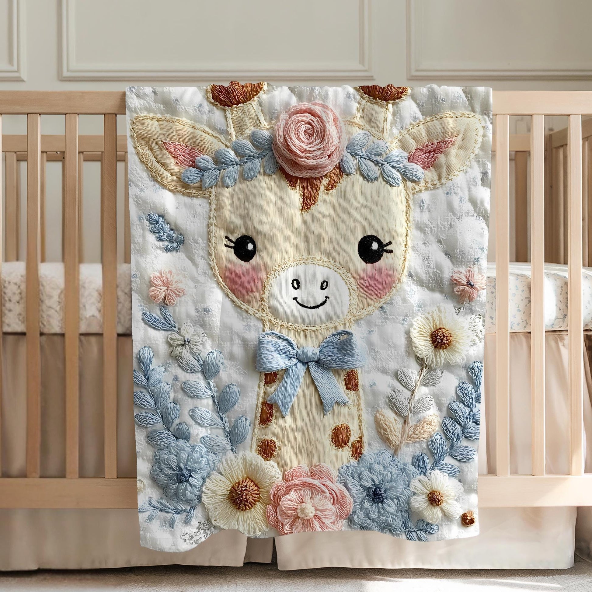 Embroidered-look giraffe blanket with floral crown and soft blue–peach details. Cozy fabric, gentle colors — a sweet newborn gift and neutral nursery decor.