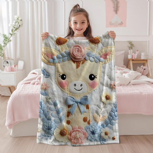 Embroidered-look giraffe blanket with floral crown and soft blue–peach details. Cozy fabric, gentle colors — a sweet newborn gift and neutral nursery decor.
