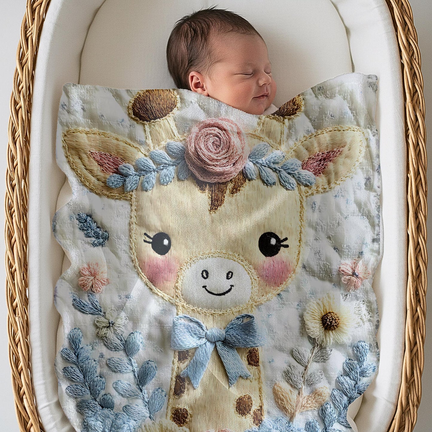 Embroidered-look giraffe blanket with floral crown and soft blue–peach details. Cozy fabric, gentle colors — a sweet newborn gift and neutral nursery decor.