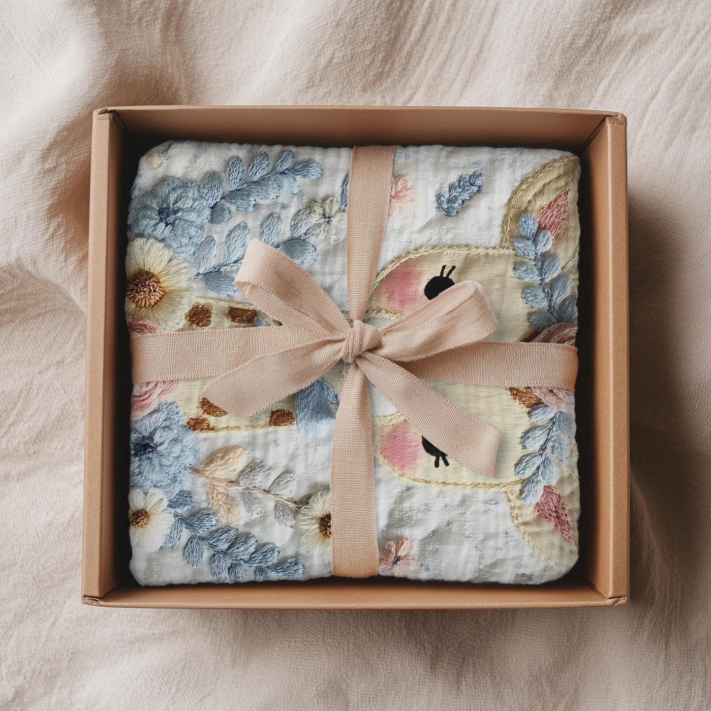 Embroidered-look giraffe blanket with floral crown and soft blue–peach details. Cozy fabric, gentle colors — a sweet newborn gift and neutral nursery decor.