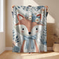 Embroidered-look fox baby blanket with soft floral crown and gentle blue–peach stitched details on a neutral background.