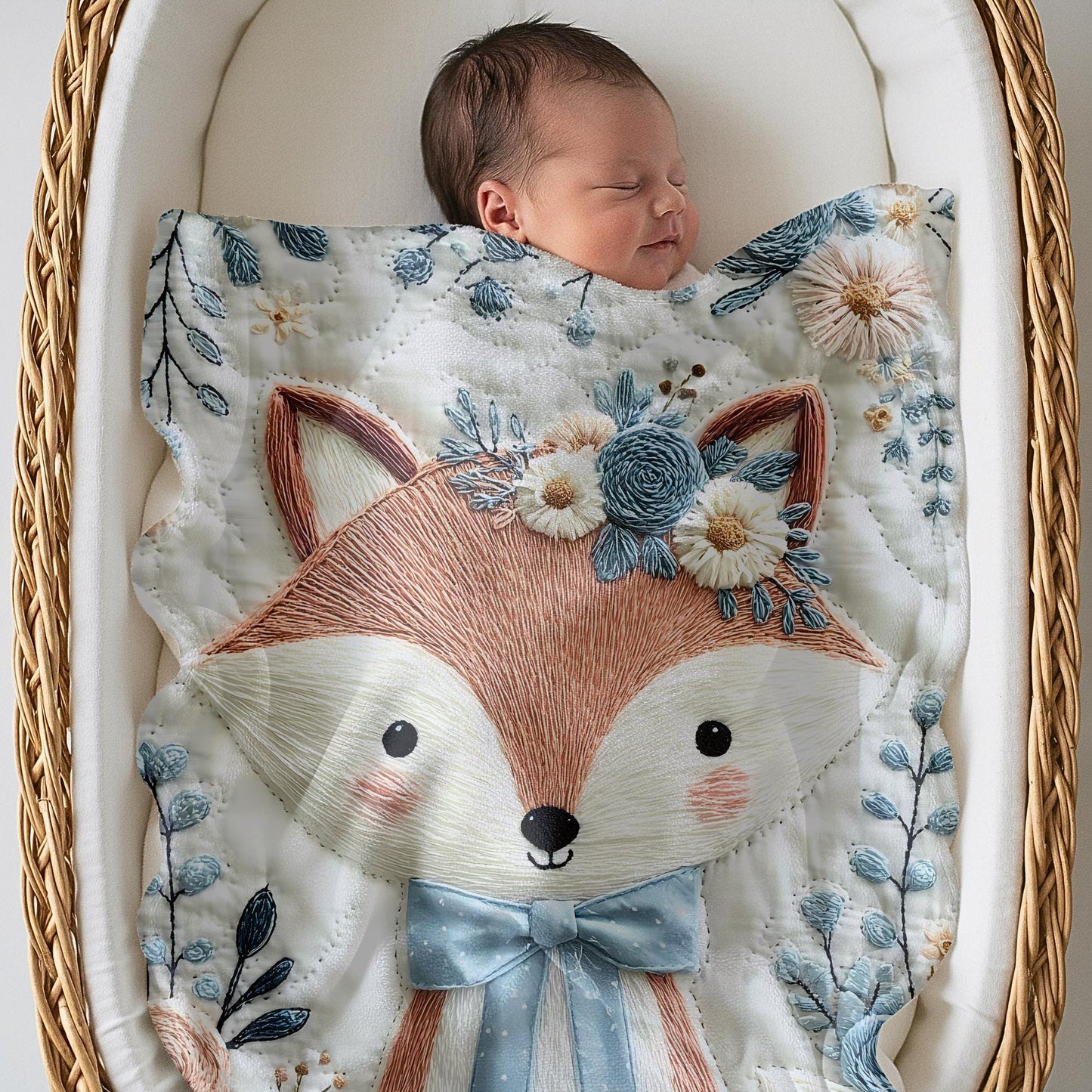 Embroidered-look fox baby blanket with soft floral crown and gentle blue–peach stitched details on a neutral background.