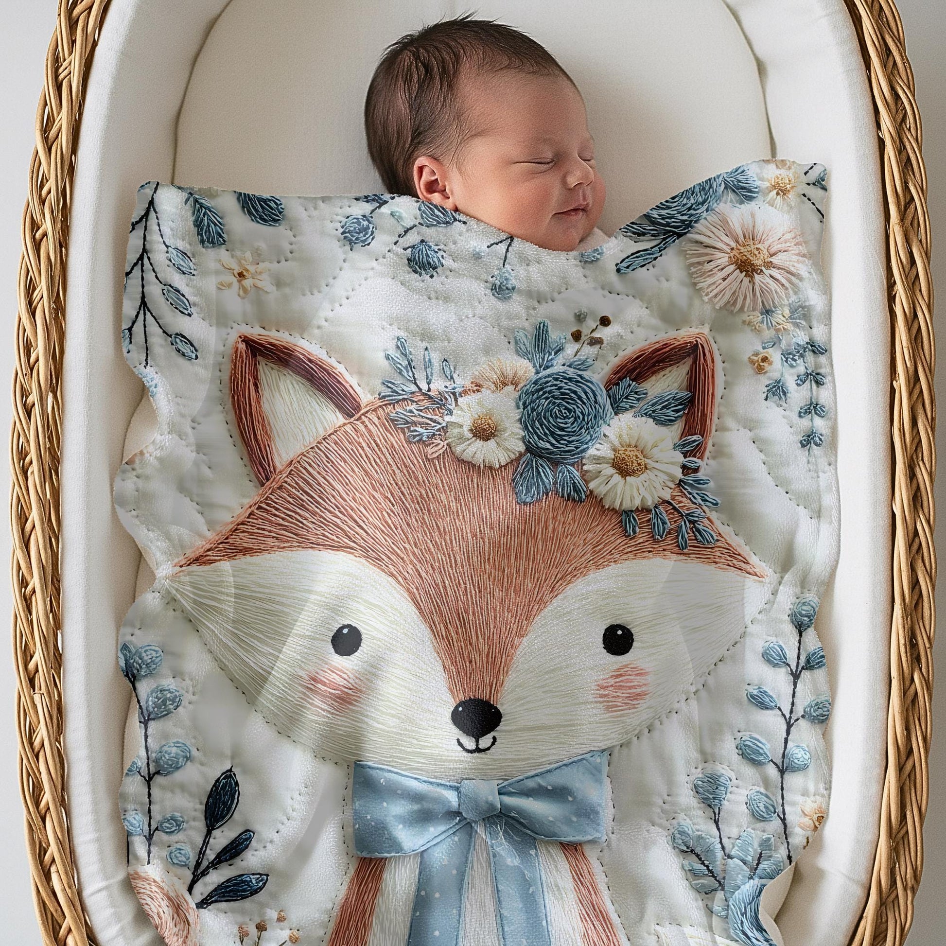 Embroidered-look fox baby blanket with soft floral crown and gentle blue–peach stitched details on a neutral background.