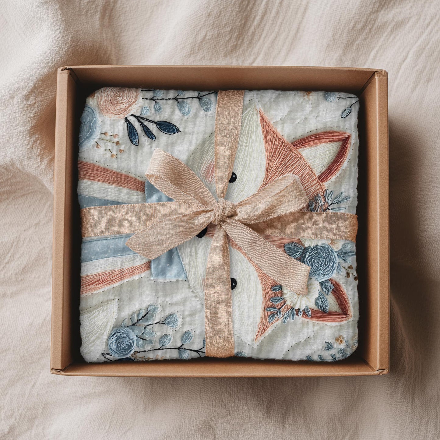 Embroidered-look fox baby blanket with soft floral crown and gentle blue–peach stitched details on a neutral background.