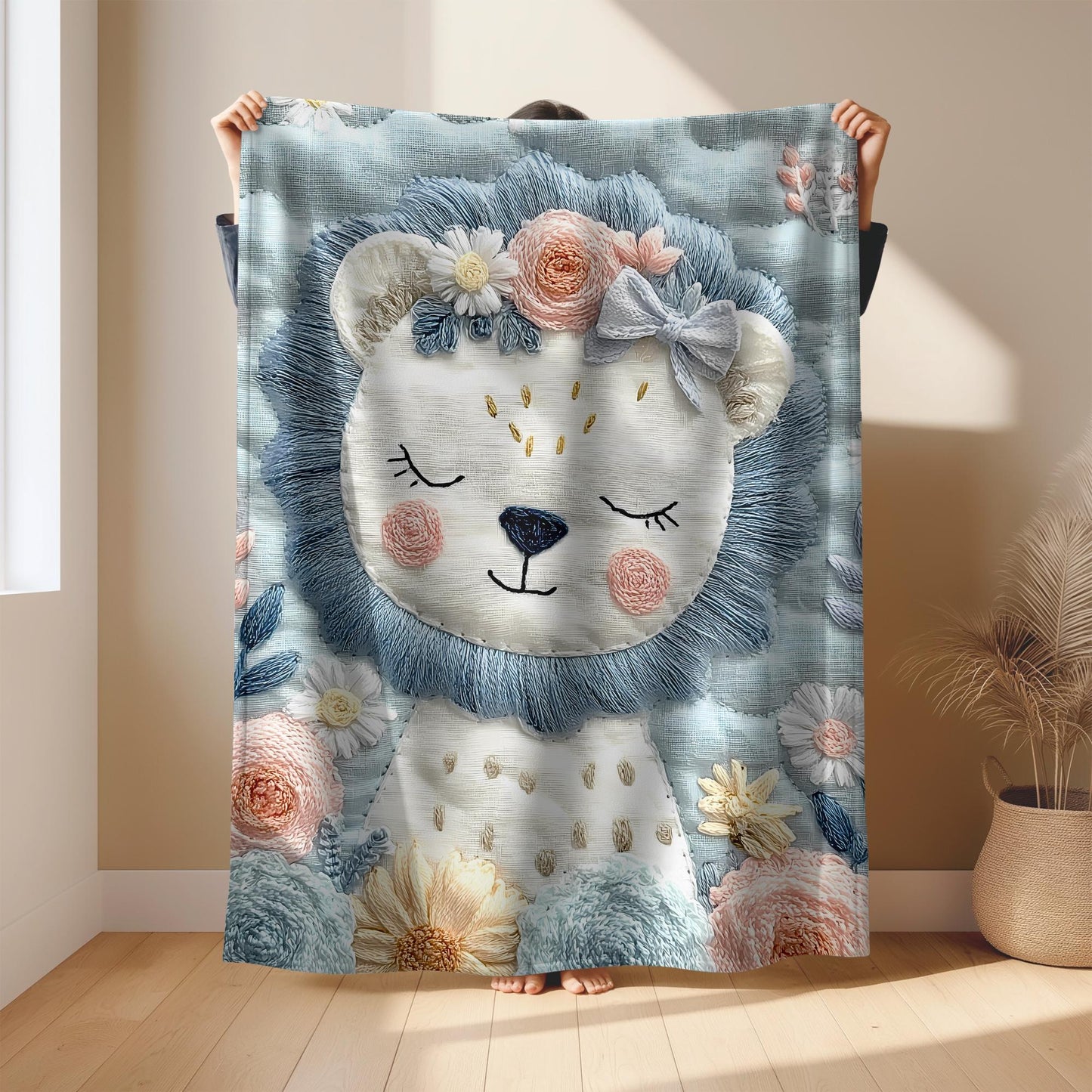 Soft embroidered-look lion baby blanket with pastel florals. Neutral tones, cozy fabric — a boutique newborn gift for calm, modern nursery decor.