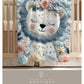 Soft embroidered-look lion baby blanket with pastel florals. Neutral tones, cozy fabric — a boutique newborn gift for calm, modern nursery decor.