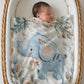Soft embroidered-look elephant baby blanket with pastel florals. Neutral tones, cozy fabric — a boutique newborn gift for calm, modern nursery decor.