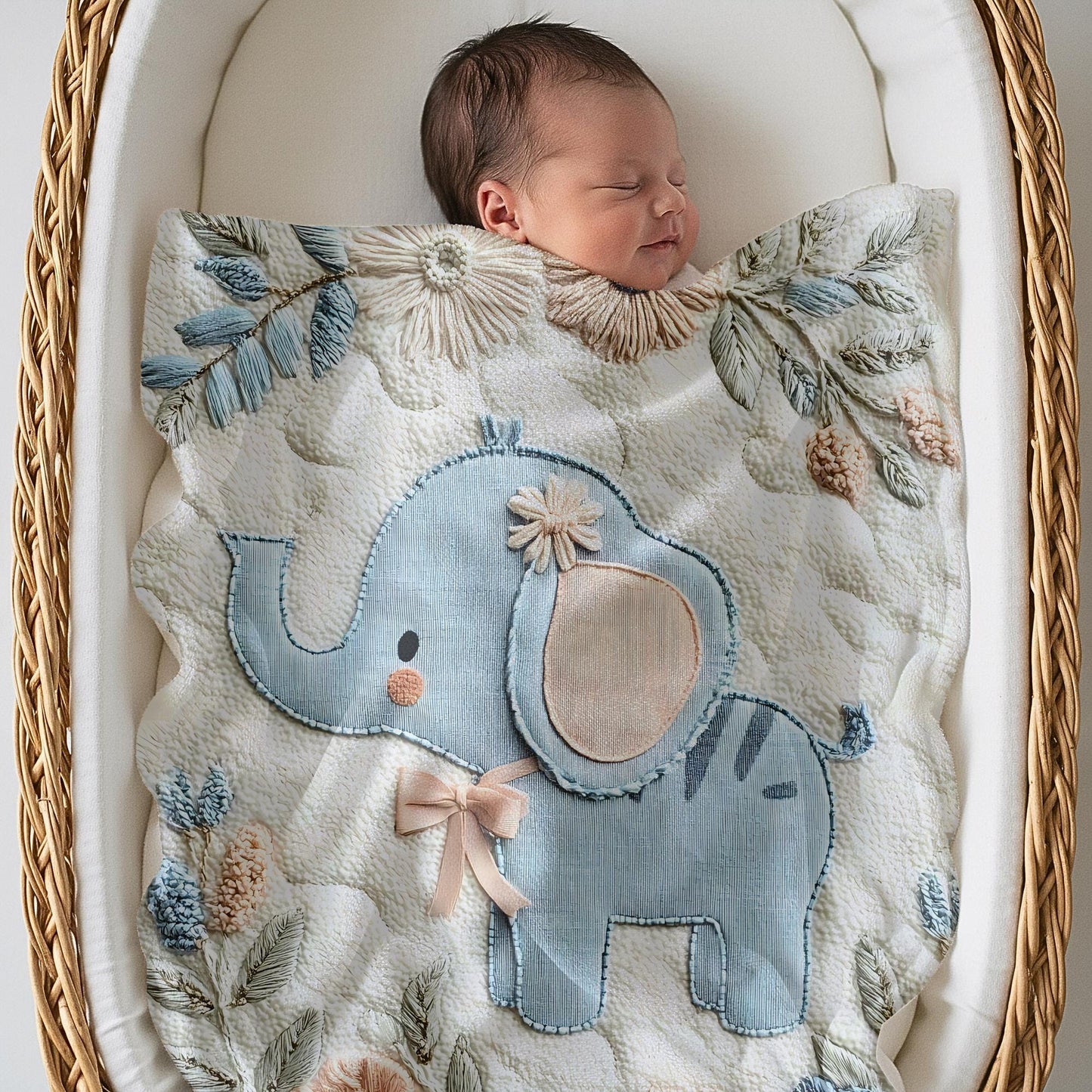 Soft embroidered-look elephant baby blanket with pastel florals. Neutral tones, cozy fabric — a boutique newborn gift for calm, modern nursery decor.