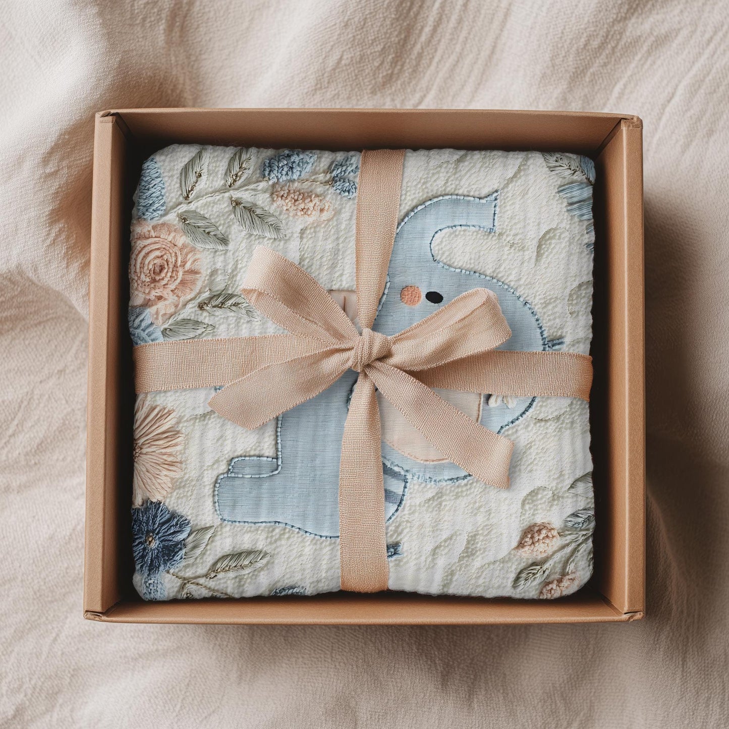 Soft embroidered-look elephant baby blanket with pastel florals. Neutral tones, cozy fabric — a boutique newborn gift for calm, modern nursery decor.