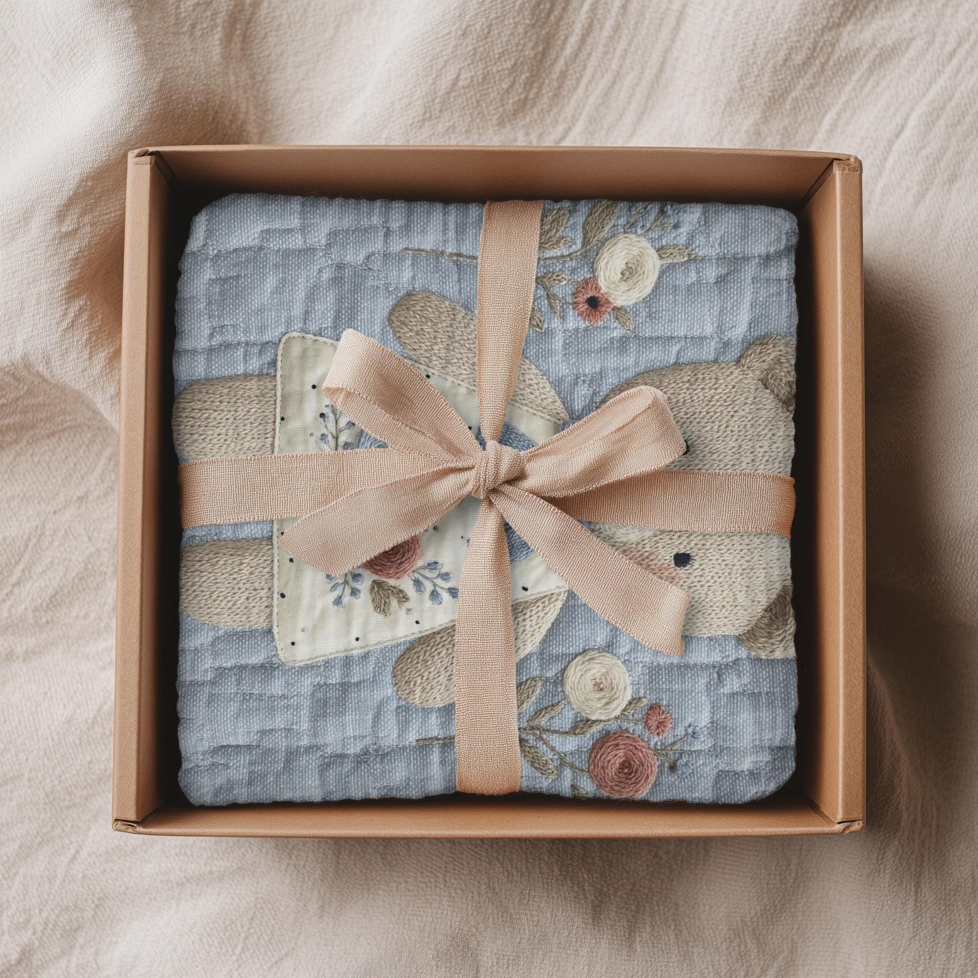 Embroidered-look teddy bear girl baby blanket with floral details on a soft blue quilted background.