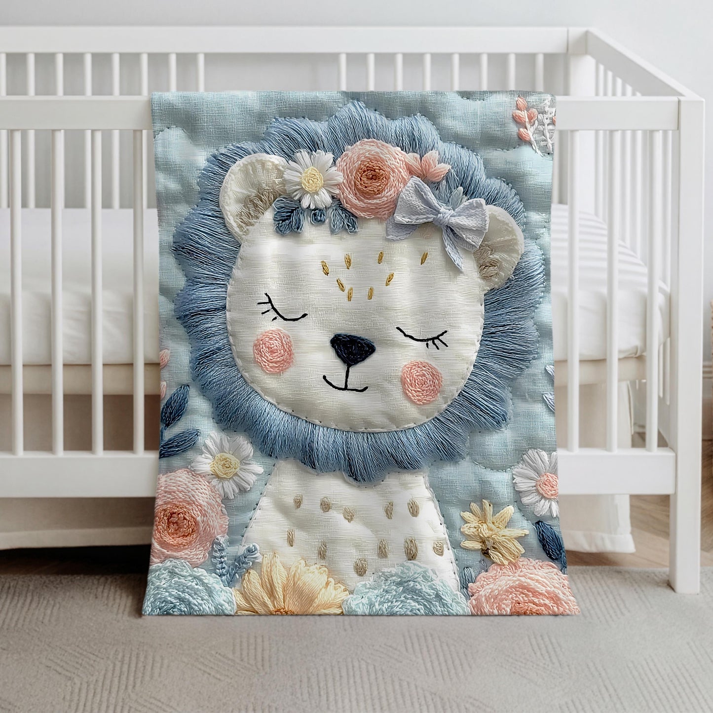 Soft embroidered-look safari lion baby blanket with pastel florals. Neutral tones, cozy fabric — a boutique newborn gift for calm, modern nursery decor.