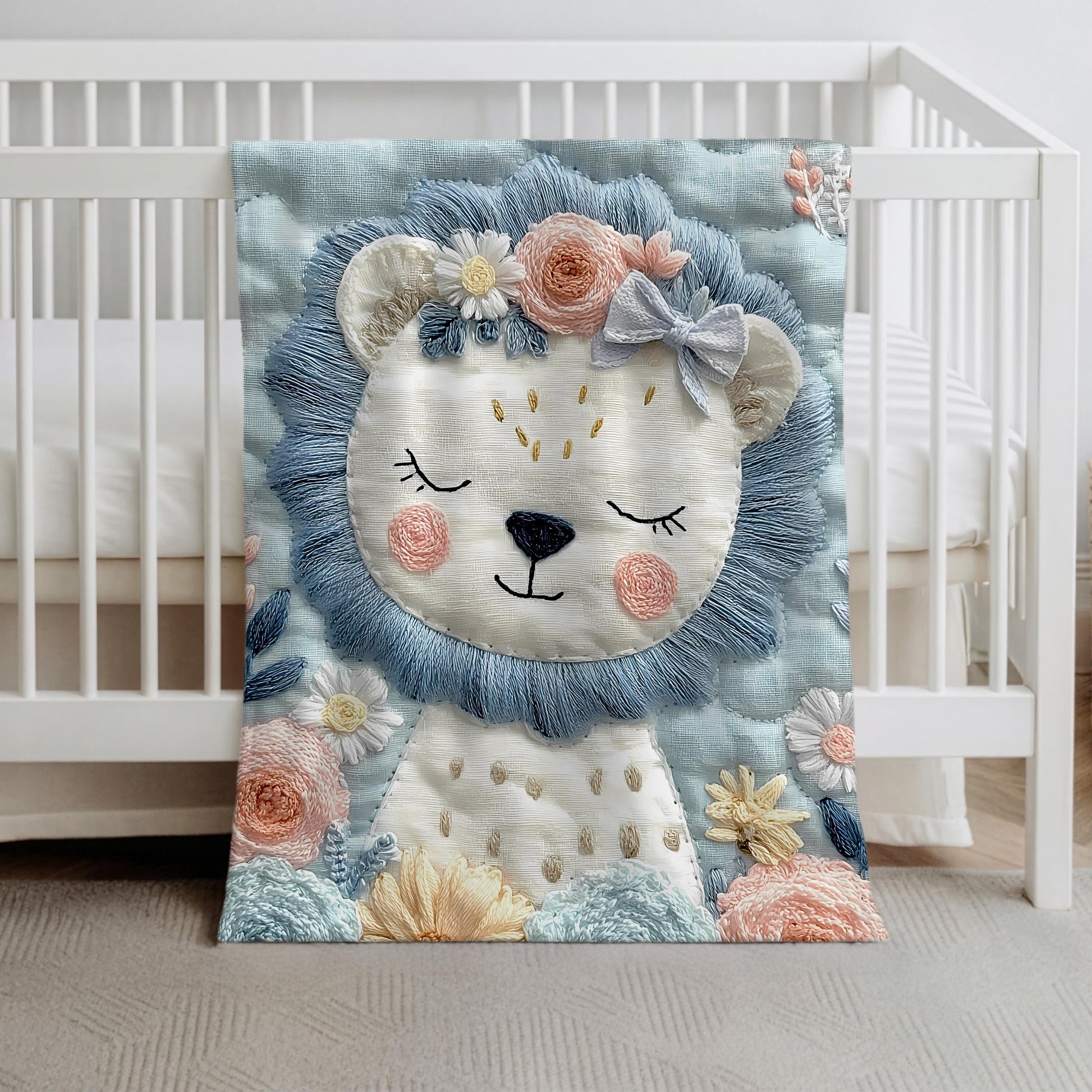 Soft embroidered-look safari lion baby blanket with pastel florals. Neutral tones, cozy fabric — a boutique newborn gift for calm, modern nursery decor.