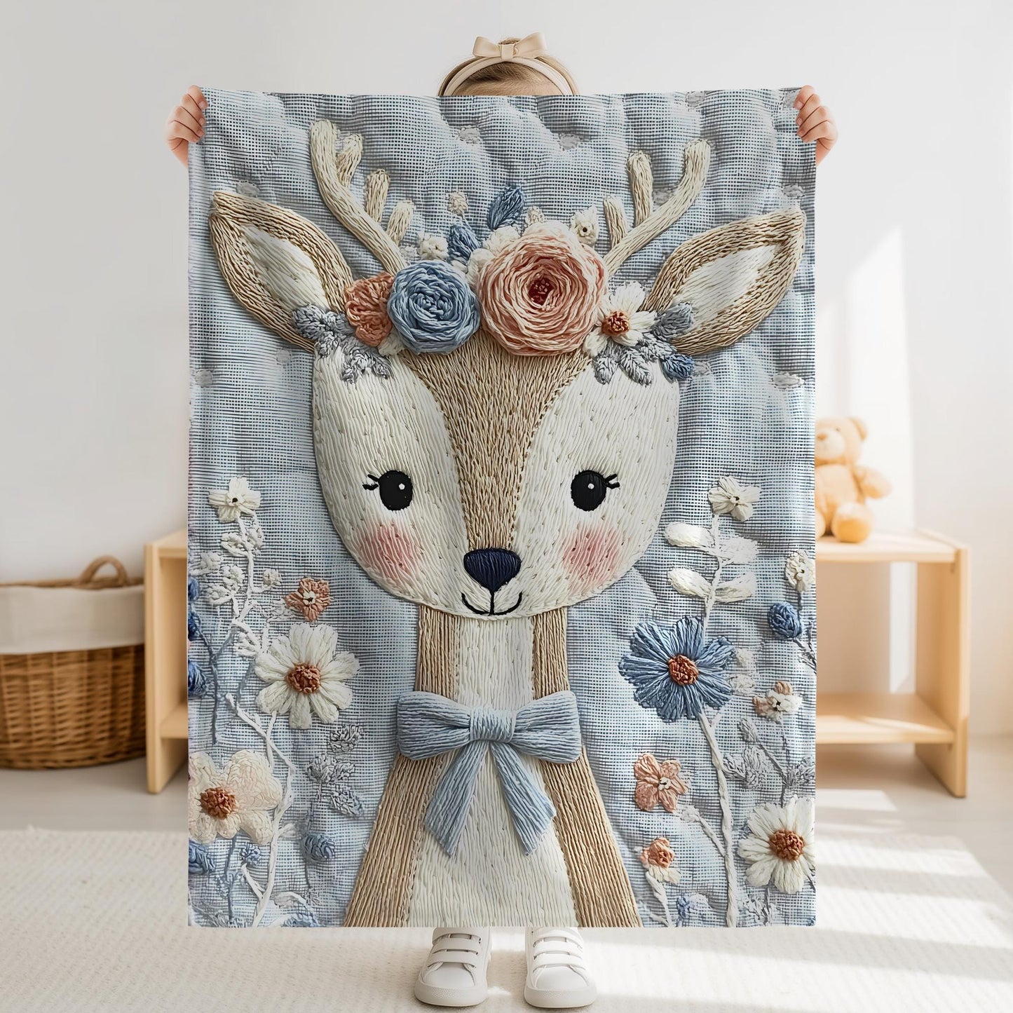 Soft embroidered-look deer baby blanket with pastel florals. Neutral tones, cozy fabric — a boutique newborn gift for calm, modern nursery decor.