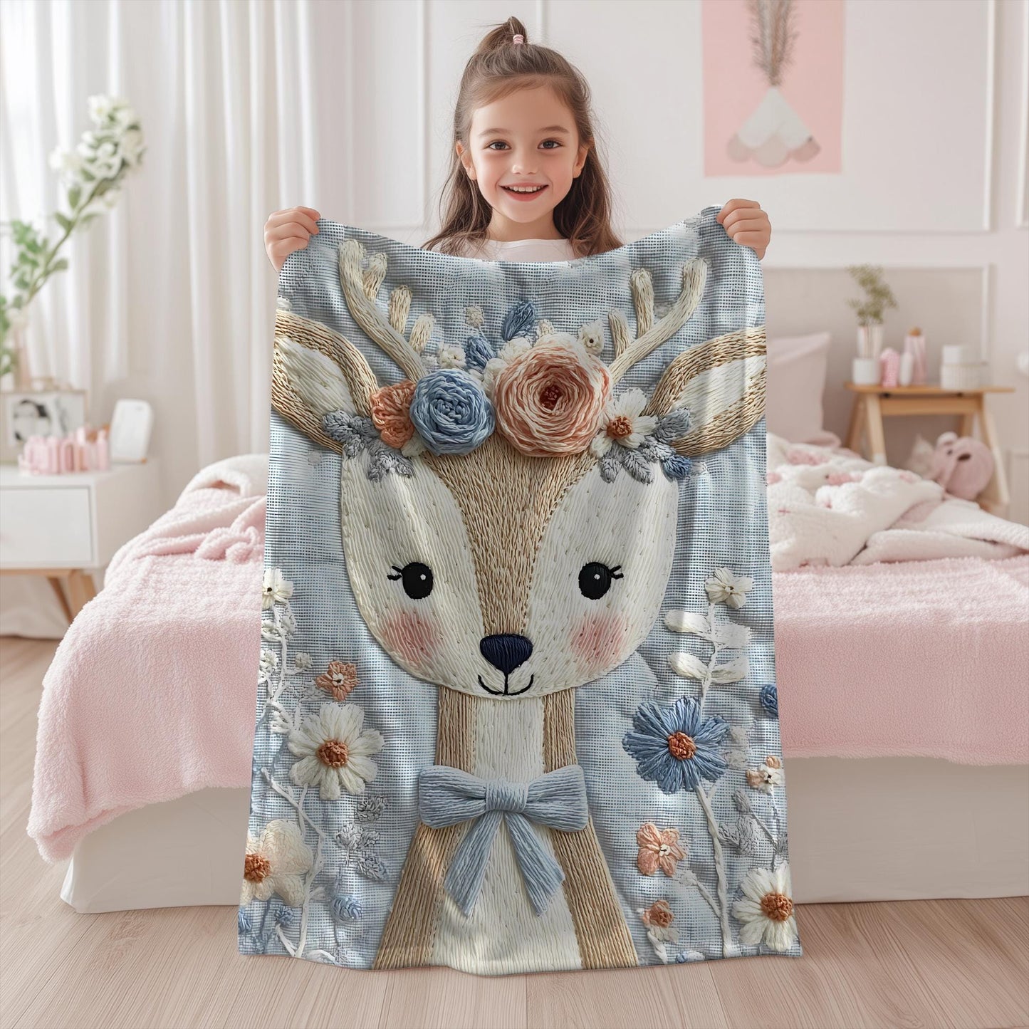 Soft embroidered-look deer baby blanket with pastel florals. Neutral tones, cozy fabric — a boutique newborn gift for calm, modern nursery decor.