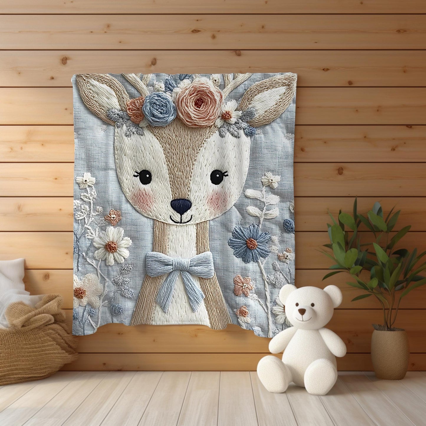 Soft embroidered-look deer baby blanket with pastel florals. Neutral tones, cozy fabric — a boutique newborn gift for calm, modern nursery decor.