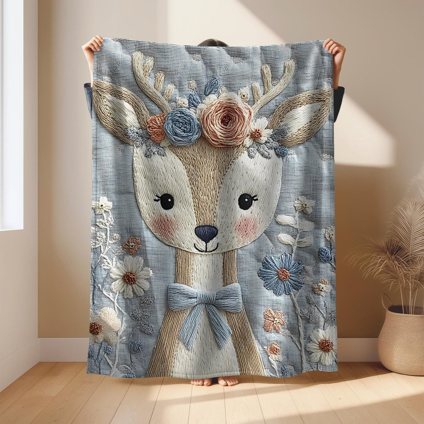 Soft embroidered-look deer baby blanket with pastel florals. Neutral tones, cozy fabric — a boutique newborn gift for calm, modern nursery decor.