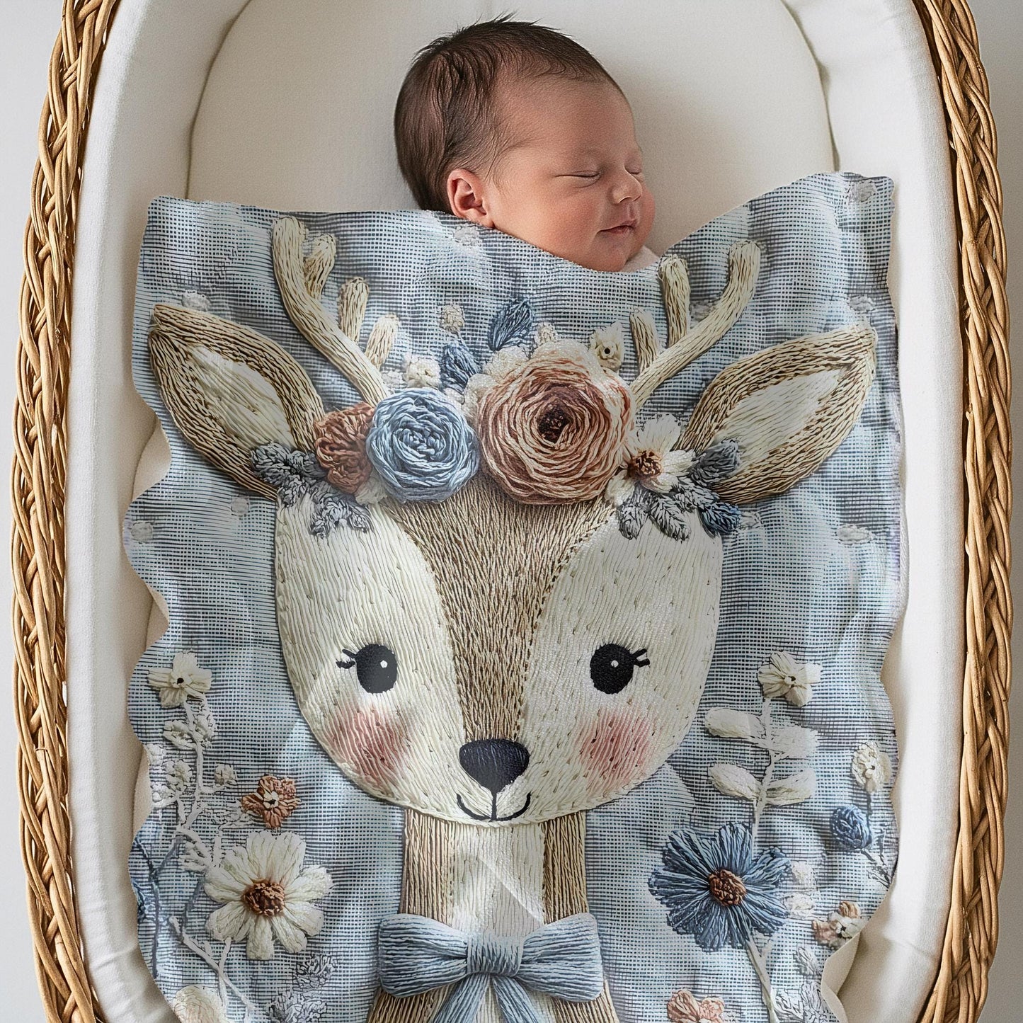 Soft embroidered-look deer baby blanket with pastel florals. Neutral tones, cozy fabric — a boutique newborn gift for calm, modern nursery decor.
