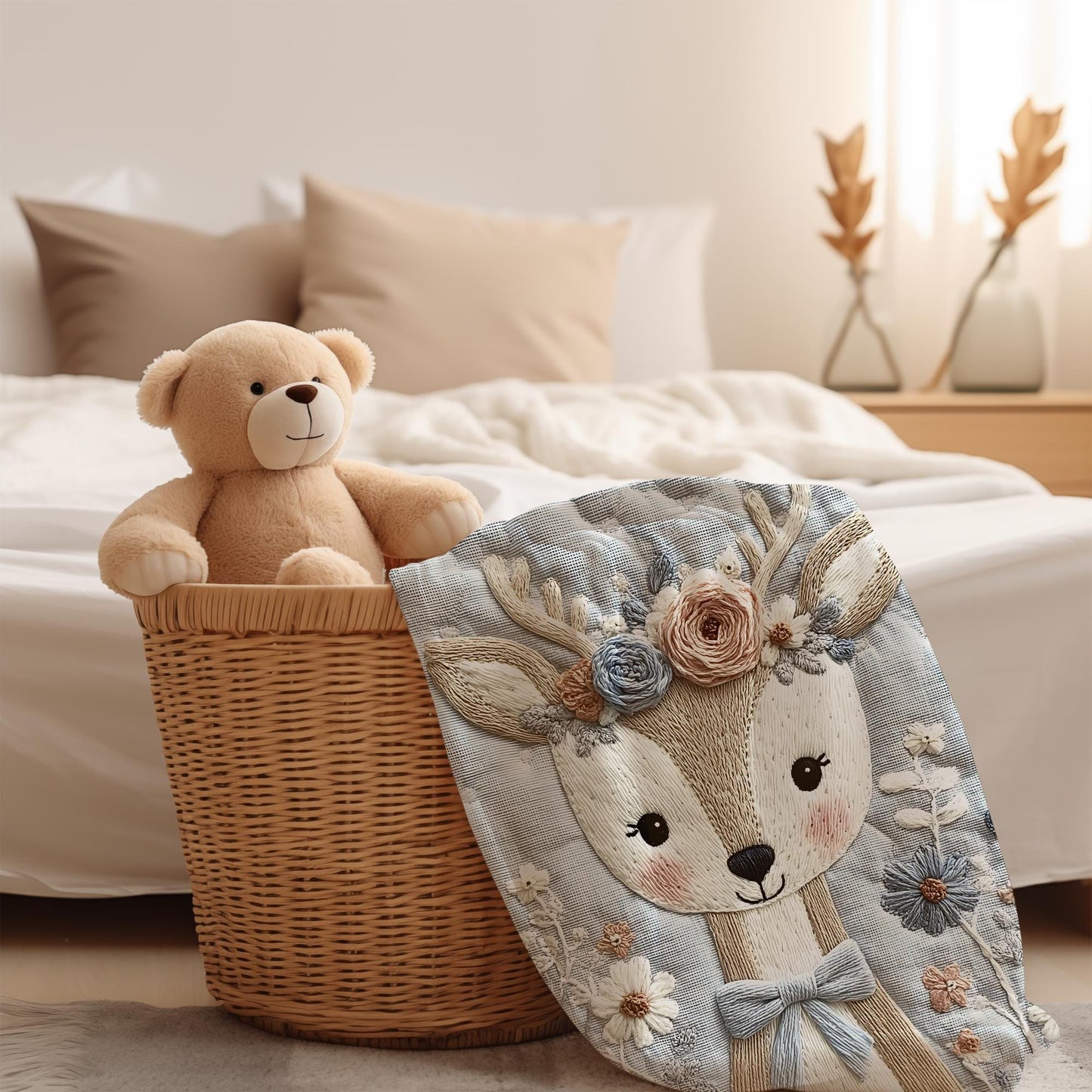 Soft embroidered-look deer baby blanket with pastel florals. Neutral tones, cozy fabric — a boutique newborn gift for calm, modern nursery decor.