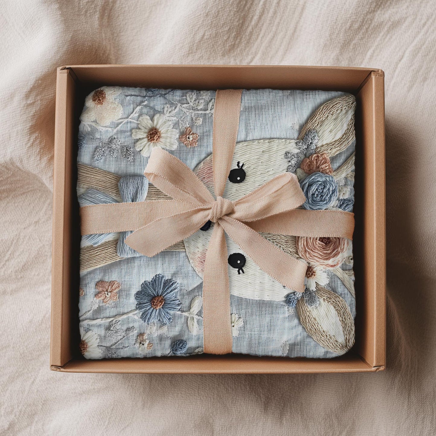 Soft embroidered-look deer baby blanket with pastel florals. Neutral tones, cozy fabric — a boutique newborn gift for calm, modern nursery decor.