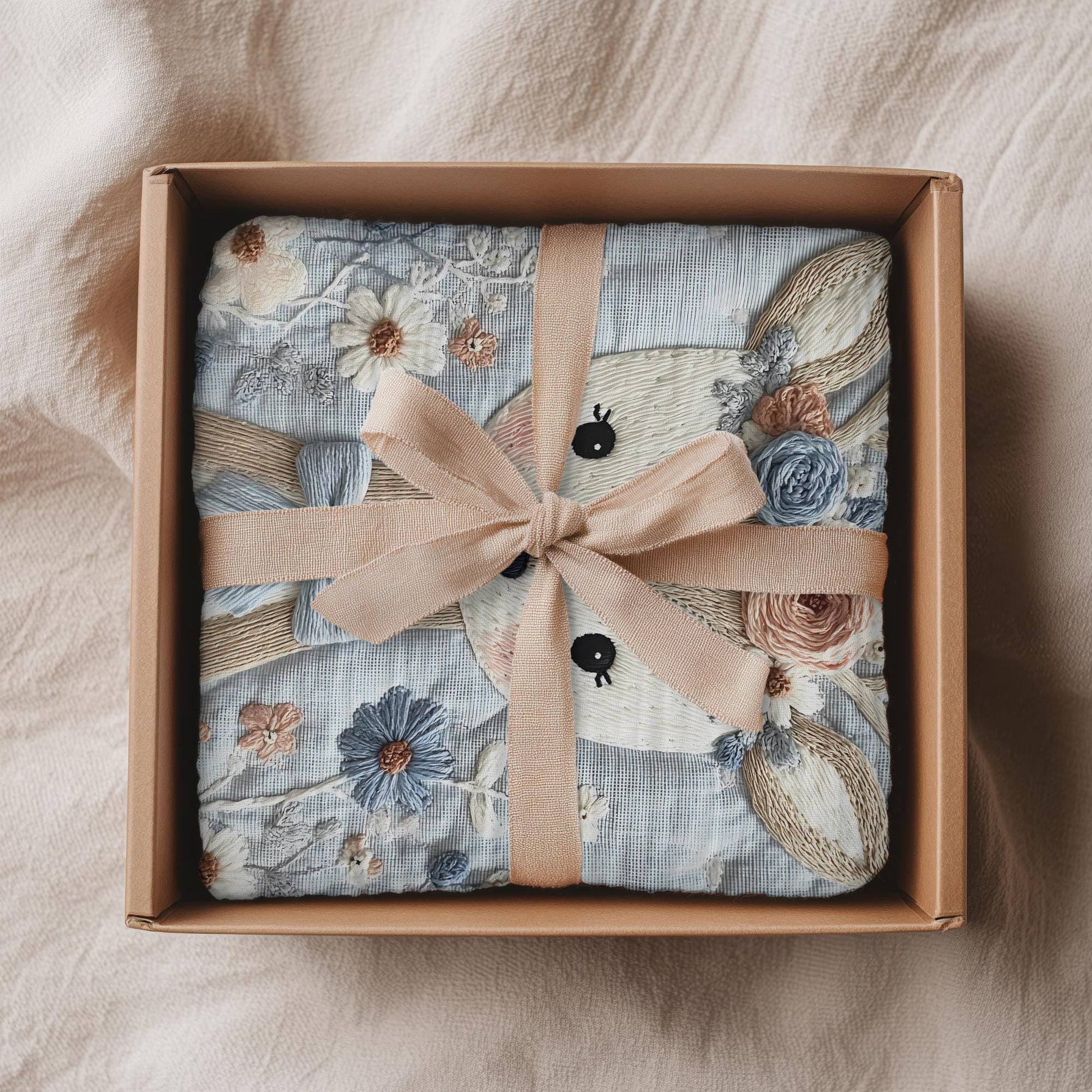 Soft embroidered-look deer baby blanket with pastel florals. Neutral tones, cozy fabric — a boutique newborn gift for calm, modern nursery decor.