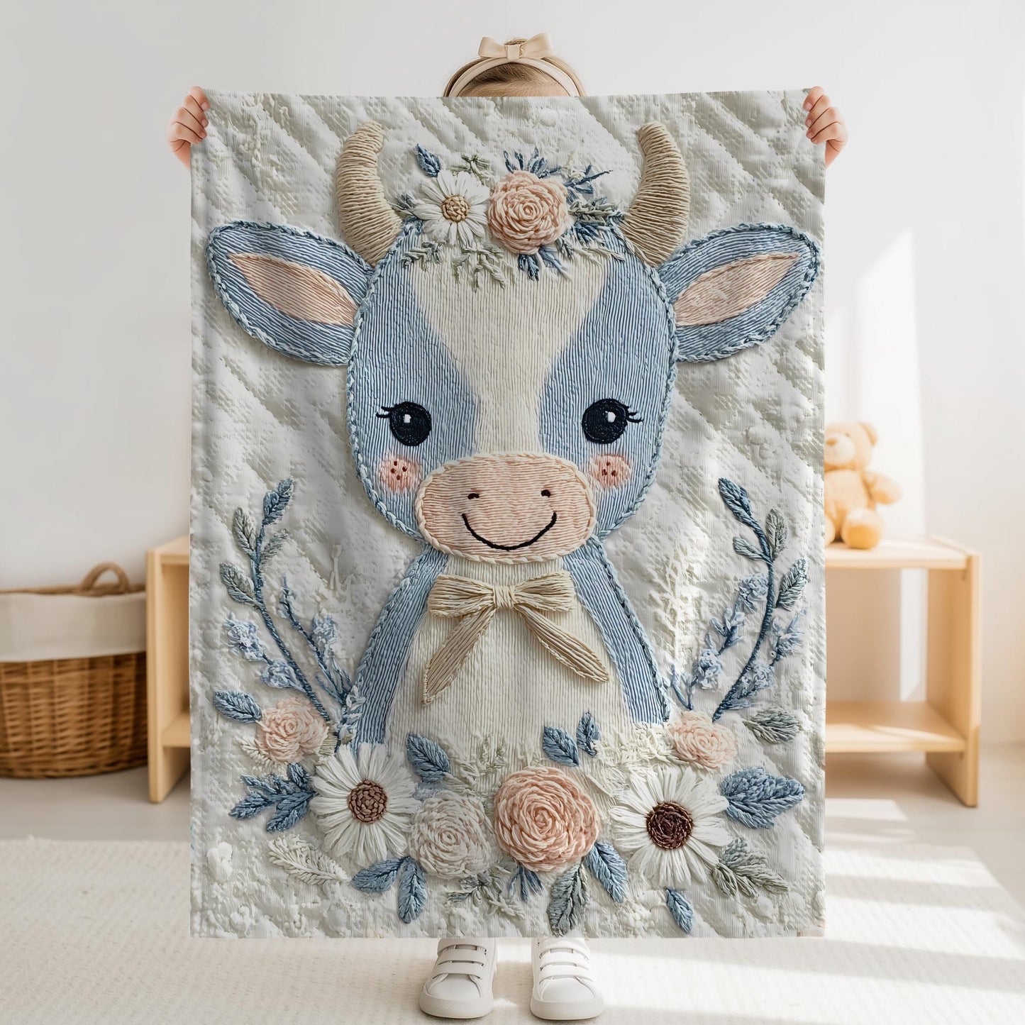 Babydecke im Stickerei Look • Kuh mit Blumen • Weiche Kuscheldecke • Kinderzimmer Deko • Babyparty Geschenk