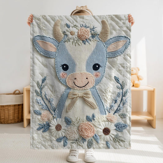 Babydecke im Stickerei Look • Kuh mit Blumen • Weiche Kuscheldecke • Kinderzimmer Deko • Babyparty Geschenk