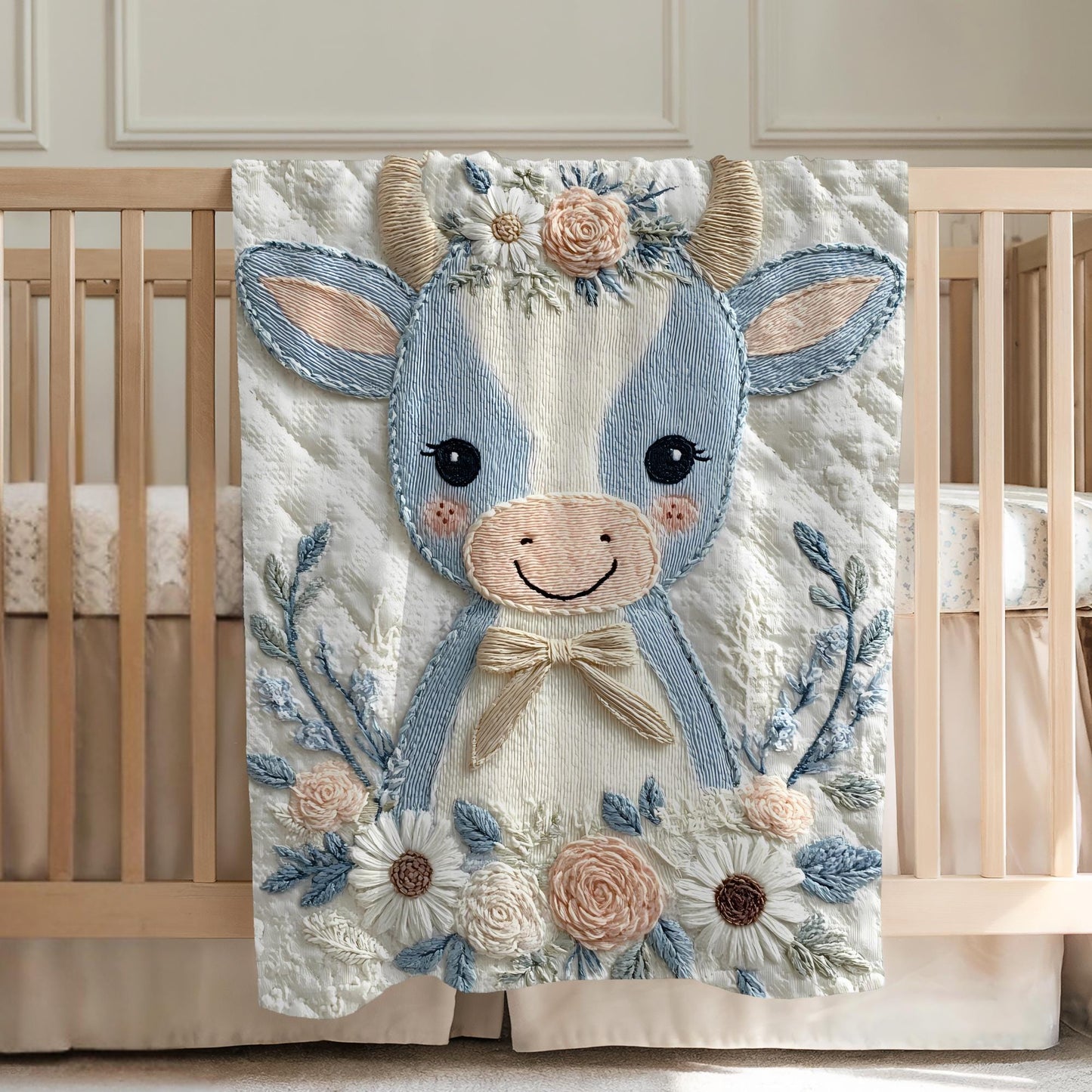 Babydecke im Stickerei Look • Kuh mit Blumen • Weiche Kuscheldecke • Kinderzimmer Deko • Babyparty Geschenk