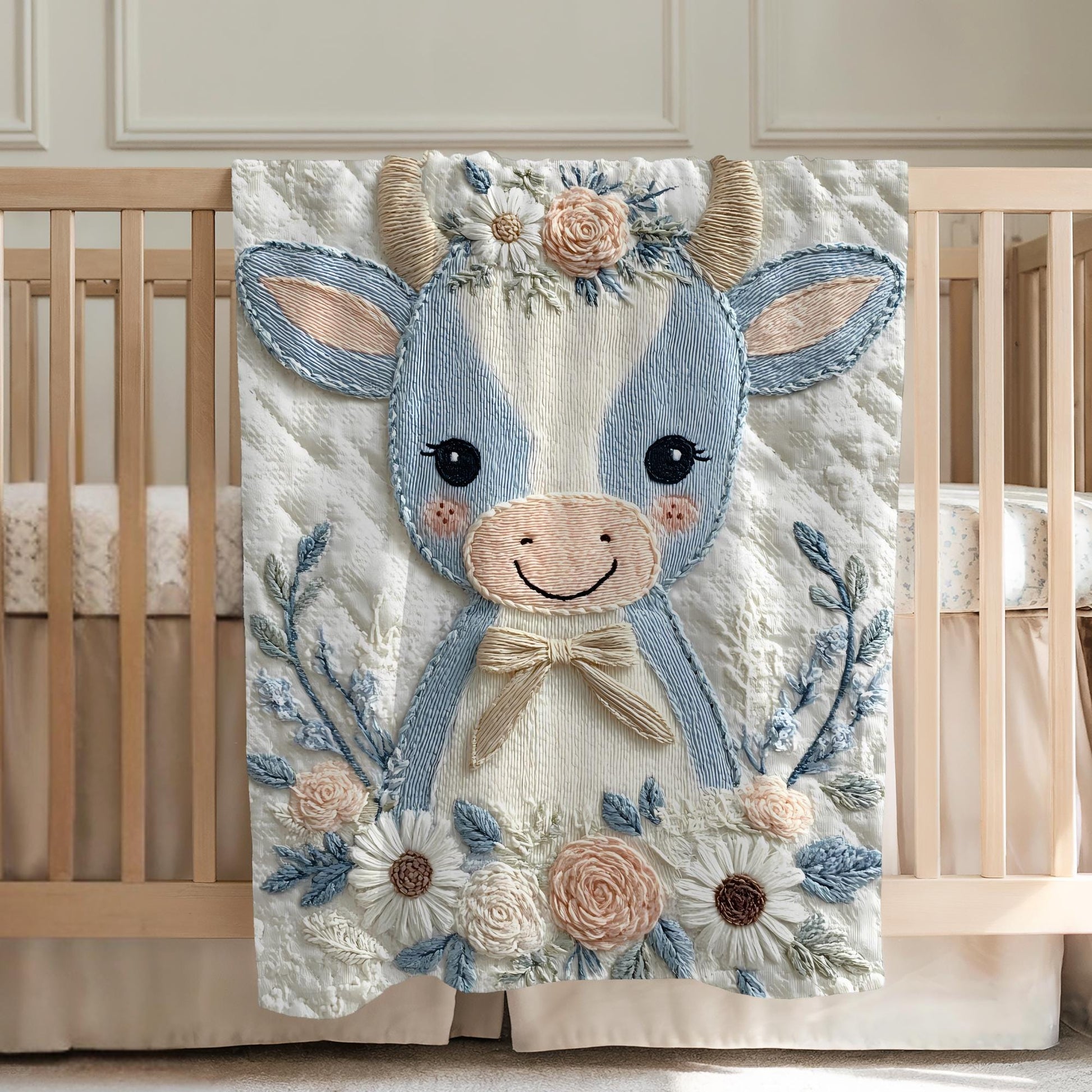 Babydecke im Stickerei Look • Kuh mit Blumen • Weiche Kuscheldecke • Kinderzimmer Deko • Babyparty Geschenk