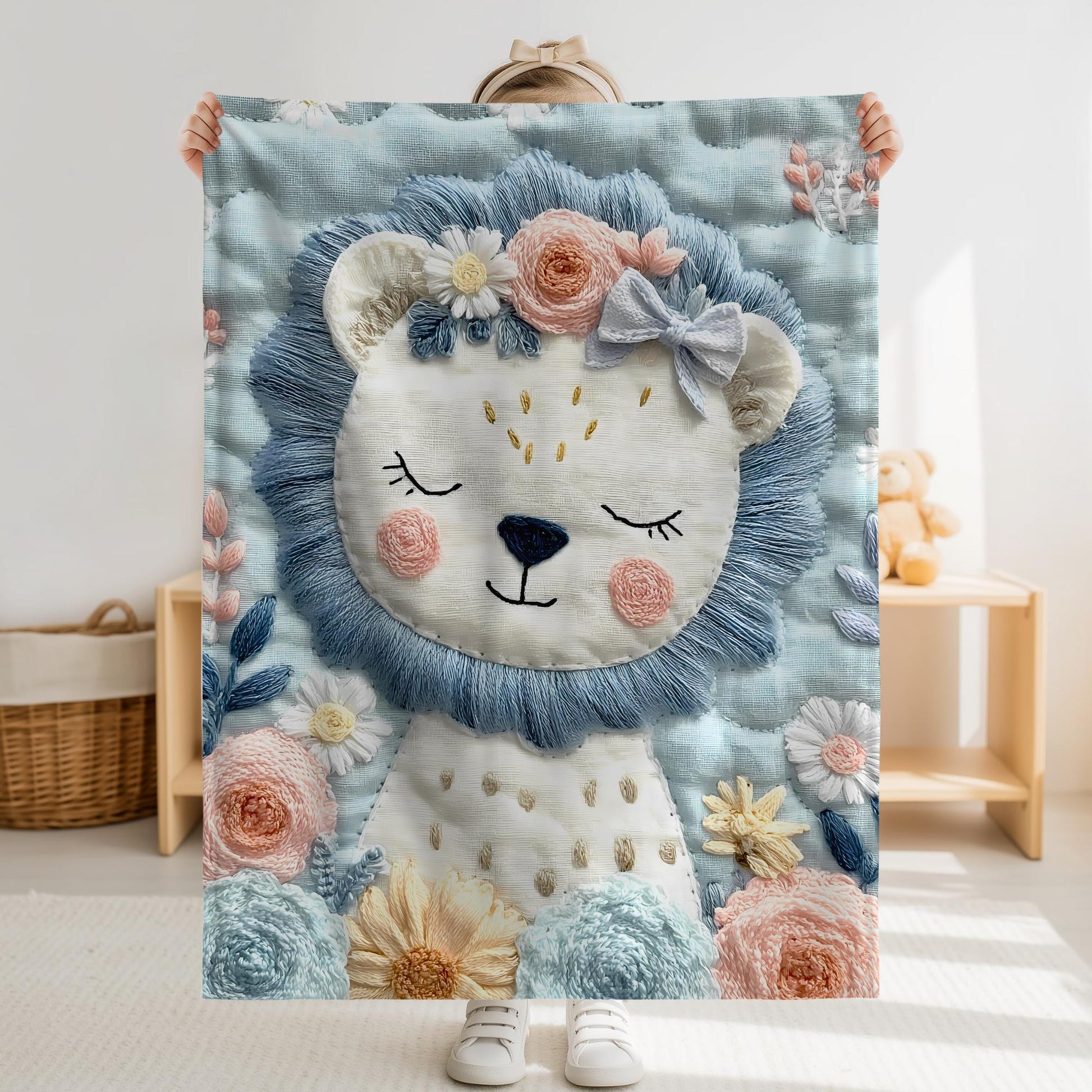 Soft embroidered-look safari lion baby blanket with pastel florals. Neutral tones, cozy fabric — a boutique newborn gift for calm, modern nursery decor.